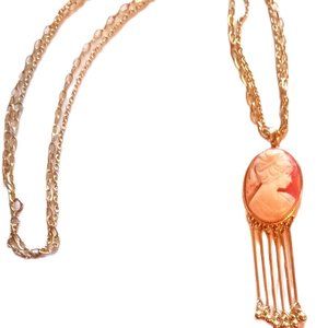 Gold Tone Necklace Cameo Pendant Hand Carved Women's 34 Inches Vintage For Her